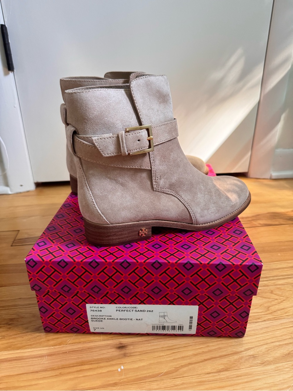 Tory Burch Sand Suede Buckle Ankle Booties